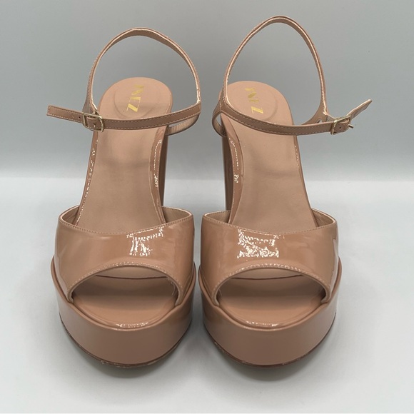 Inez Camilla Platform Heels in Tan Patent | Nude Leather Peep Toe Slingback Heel - Picture 4 of 11